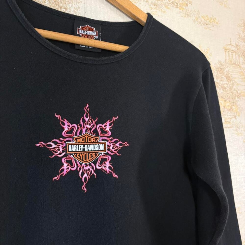 Vintage Y2K Harley Davidson Pink Flame Long Sleeve Biker Top Motorcycle Baby Tee
